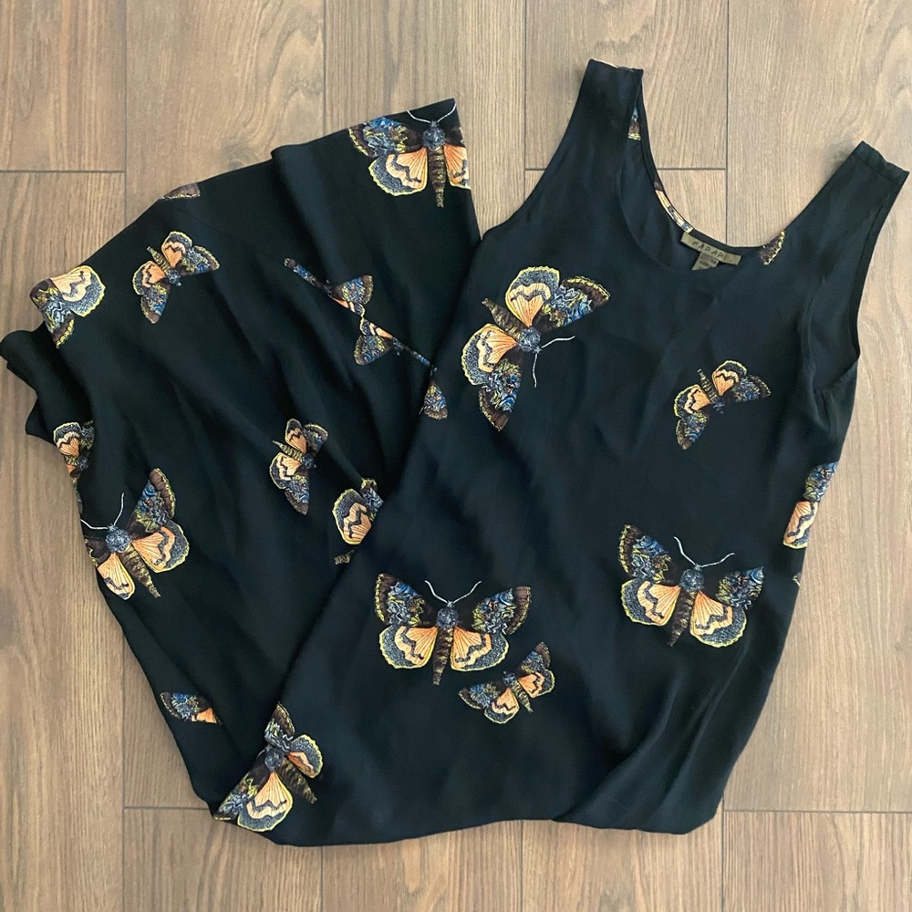 Harari‎ 100% Silk Maxi Dress Moth Butterfly Print Black Slip Dress Women’s S
